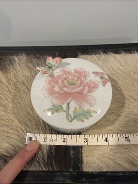Vintage Porcelain Pink Floral Trinket Box with Butterfly Lid